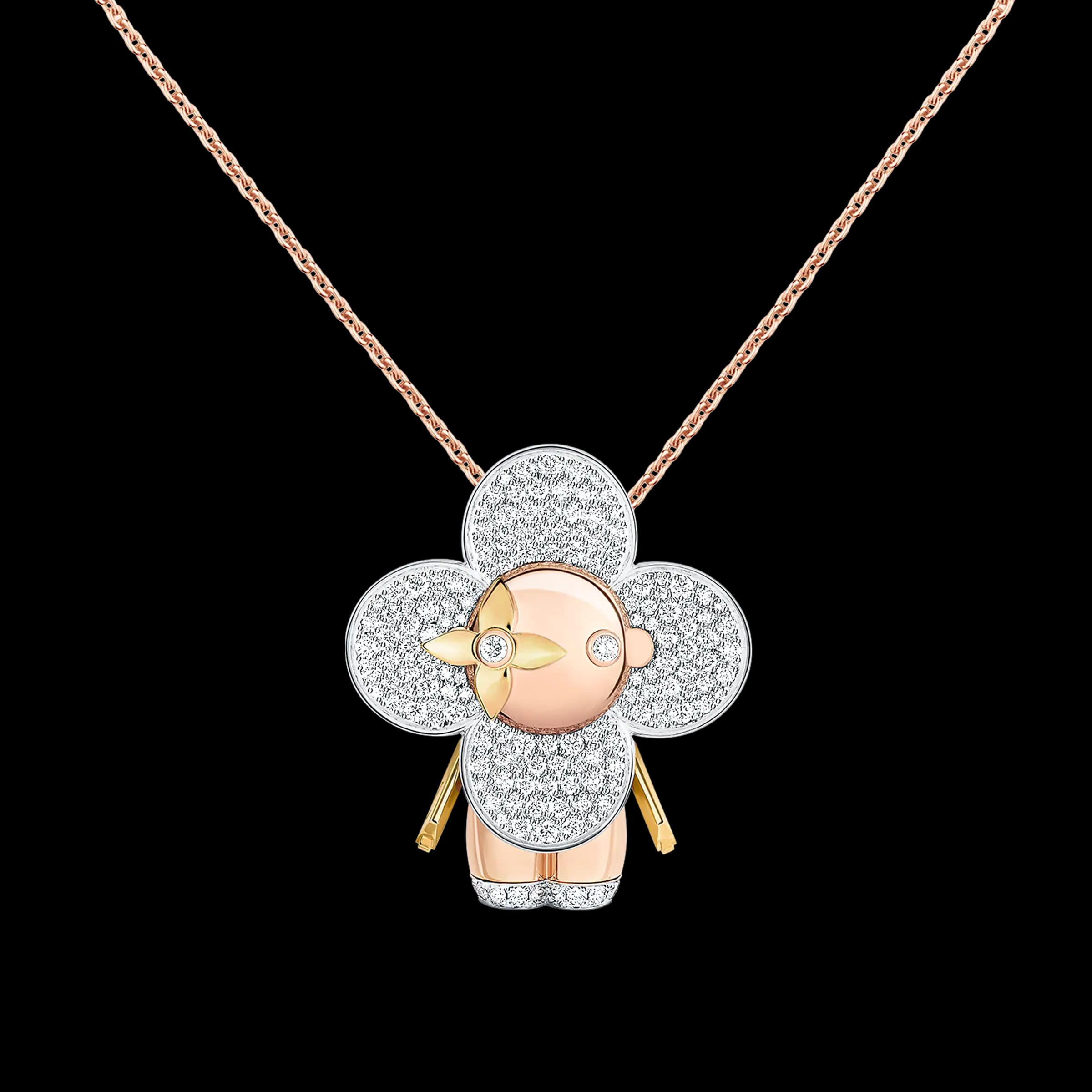 Vivienne large pendant, 3 golds & diamonds pavage